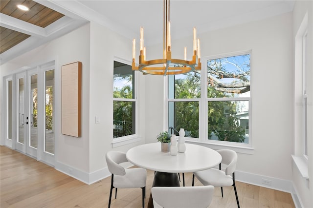 dining space featuring beamed ceiling, a notable chandelier, a wealth of natural light, and light wood-type flooring