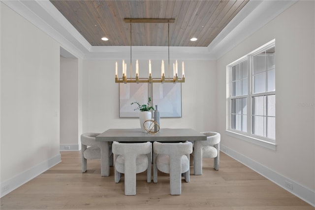 dining room featuring wood ceiling, a tray ceiling, light hardwood / wood-style flooring, and a notable chandelier