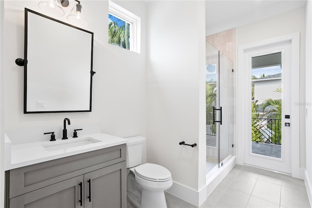 bathroom with tile patterned flooring, vanity, an enclosed shower, and toilet