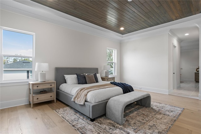 bedroom featuring multiple windows, hardwood / wood-style floors, and wooden ceiling