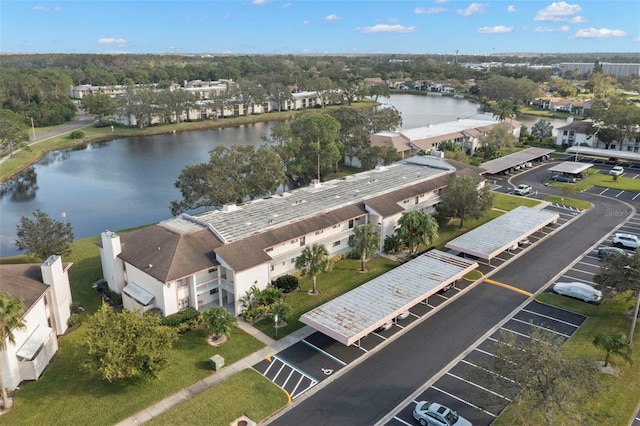 bird's eye view with a water view