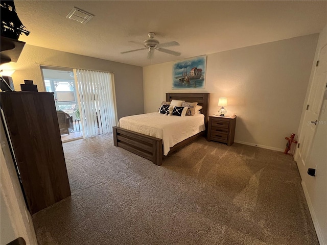 carpeted bedroom with access to outside and ceiling fan