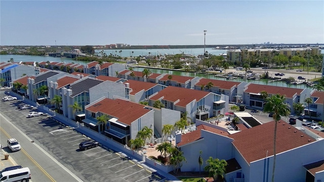 bird's eye view with a water view