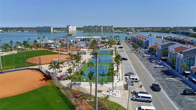 aerial view featuring a water view