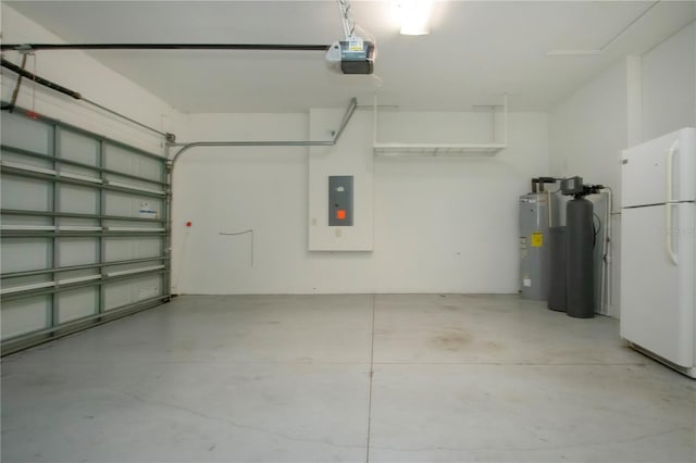 garage with a garage door opener, electric panel, water heater, and white fridge