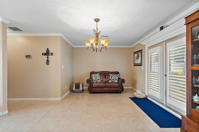 living area featuring crown molding, light tile patterned flooring, and a chandelier