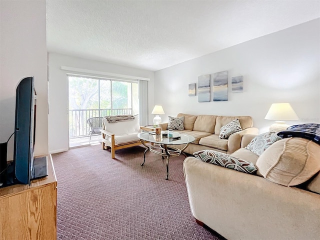 carpeted living room featuring a textured ceiling