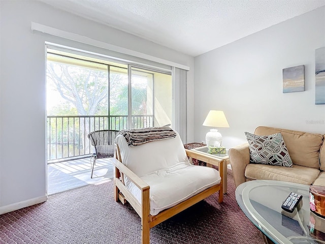 carpeted living room featuring a textured ceiling