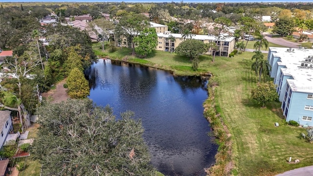 drone / aerial view with a water view