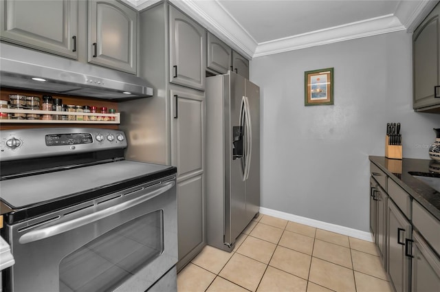 kitchen with crown molding, appliances with stainless steel finishes, light tile patterned floors, and gray cabinetry