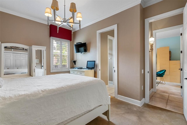 tiled bedroom with crown molding and a notable chandelier