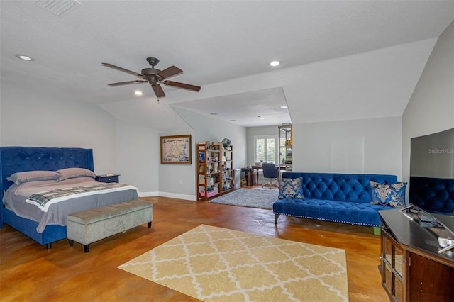 bedroom with ceiling fan, a textured ceiling, and vaulted ceiling