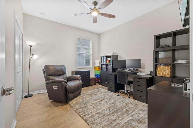 office space featuring ceiling fan and light hardwood / wood-style flooring