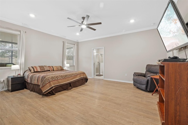 bedroom featuring ensuite bath, ornamental molding, light wood-type flooring, and ceiling fan