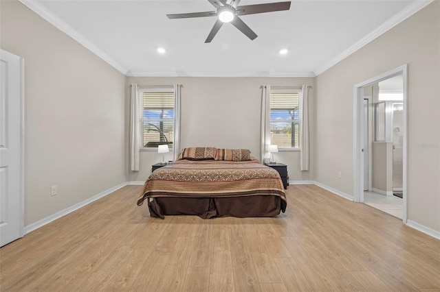 bedroom featuring ornamental molding, light wood-type flooring, and ceiling fan