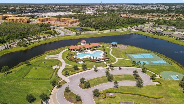 drone / aerial view with a water view