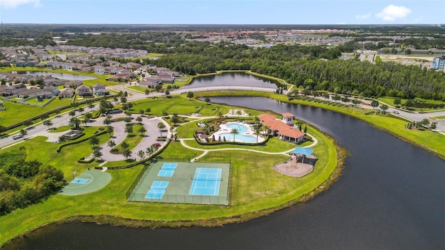 birds eye view of property featuring a water view