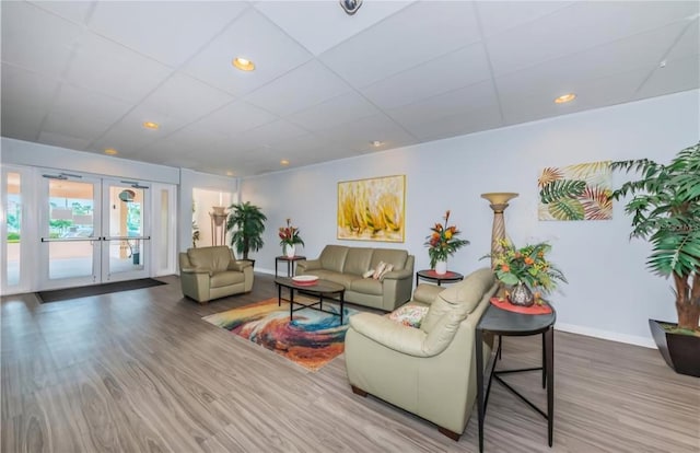 7625 Sun Island Dr S Unit 101, South Pasadena, FL 33707 - living room featuring french doors, wood finished floors, baseboards, and a paneled ceiling