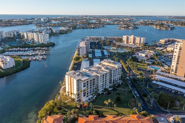 drone / aerial view featuring a water view