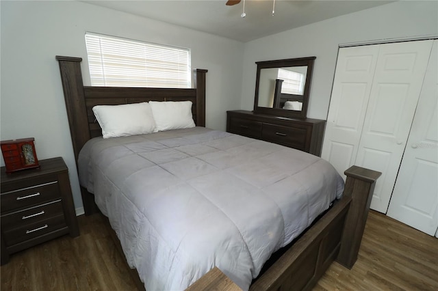 bedroom featuring dark wood-type flooring, ceiling fan, vaulted ceiling, and a closet