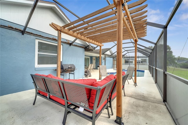 view of patio featuring a pergola, a lanai, an outdoor hangout area, and a grill