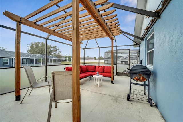 view of patio / terrace featuring a pergola, glass enclosure, and outdoor lounge area