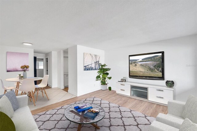 living room featuring light hardwood / wood-style floors and a textured ceiling