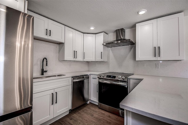 kitchen featuring white cabinets, wall chimney range hood, stainless steel appliances, and dark hardwood / wood-style flooring