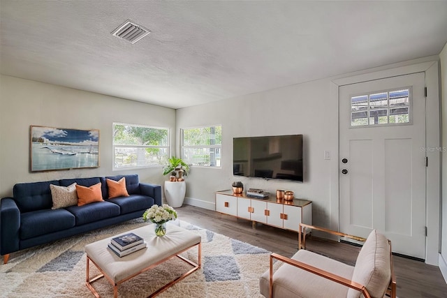 living room with a textured ceiling and dark wood-type flooring