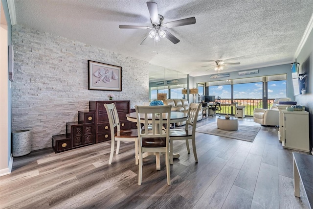 dining area featuring hardwood / wood-style floors, ceiling fan, and a textured ceiling