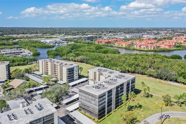 bird's eye view with a water view