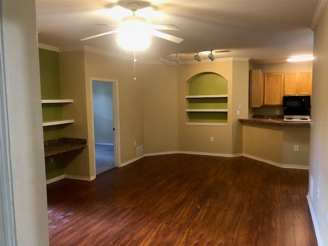 unfurnished living room featuring crown molding, ceiling fan, built in features, and dark hardwood / wood-style flooring