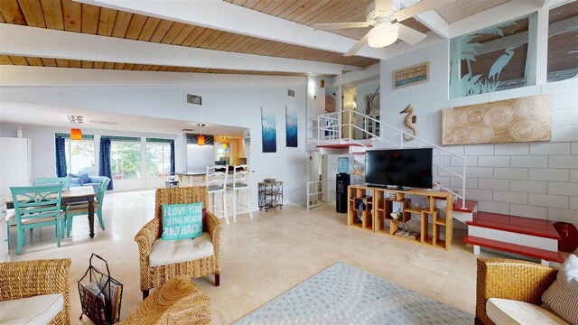 living room with vaulted ceiling with beams, ceiling fan, wood ceiling, and visible vents