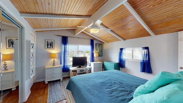 bedroom featuring baseboards, wood ceiling, ceiling fan, dark wood-style flooring, and vaulted ceiling with beams