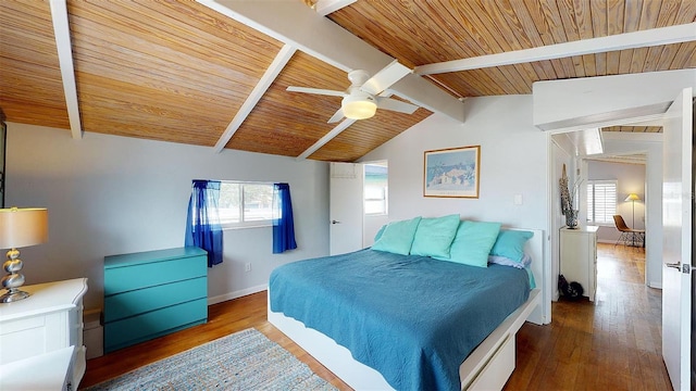 bedroom featuring wooden ceiling, vaulted ceiling with beams, and wood finished floors