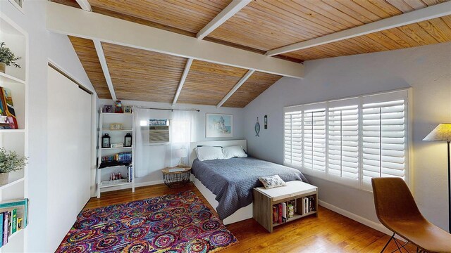 bedroom with light wood-type flooring, wooden ceiling, vaulted ceiling with beams, and baseboards