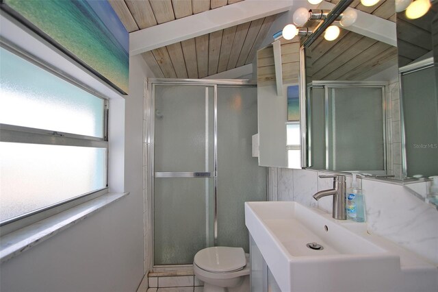 bathroom with lofted ceiling with beams, wooden ceiling, toilet, a sink, and a stall shower