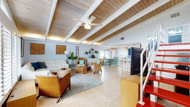 living area featuring vaulted ceiling with beams, visible vents, stairway, a ceiling fan, and wooden ceiling