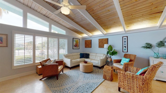 living area with lofted ceiling with beams, wood ceiling, baseboards, and ceiling fan