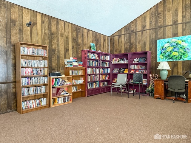 carpeted office space with lofted ceiling and wood walls