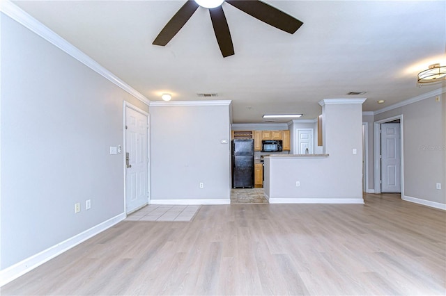 unfurnished living room featuring ceiling fan, light wood-type flooring, and ornamental molding