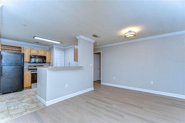 kitchen featuring kitchen peninsula, black appliances, crown molding, light brown cabinets, and light hardwood / wood-style flooring