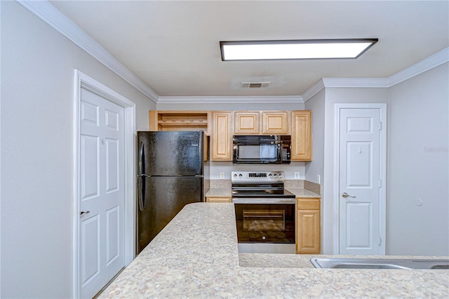 kitchen with black appliances, light brown cabinetry, and crown molding