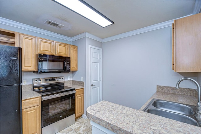 kitchen with black appliances, sink, and ornamental molding