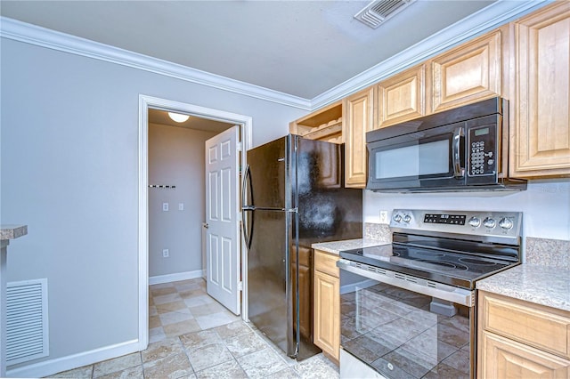 kitchen with ornamental molding, light brown cabinets, and black appliances