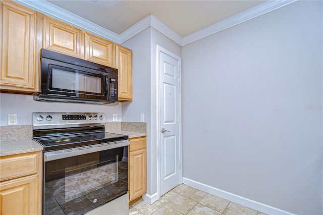 kitchen featuring light brown cabinetry, stainless steel electric range, light tile patterned floors, and ornamental molding