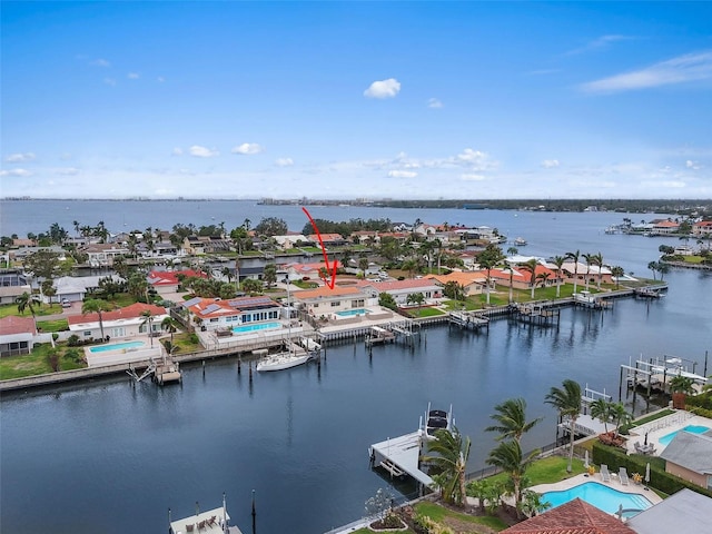 aerial view featuring a water view