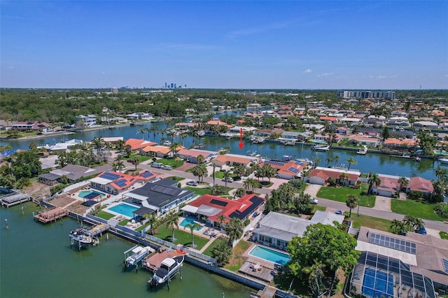 bird's eye view with a water view
