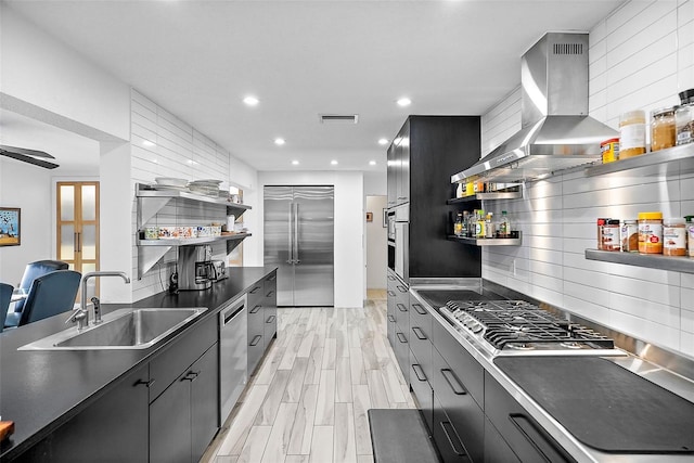 kitchen featuring stainless steel appliances, exhaust hood, a sink, and open shelves