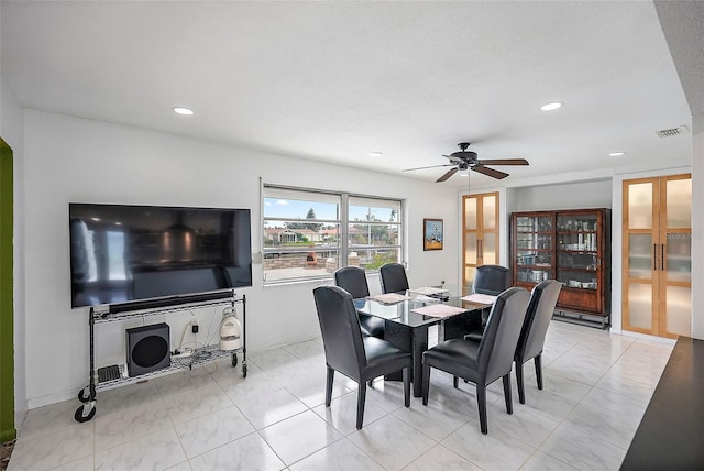 dining room with baseboards, visible vents, recessed lighting, and a ceiling fan